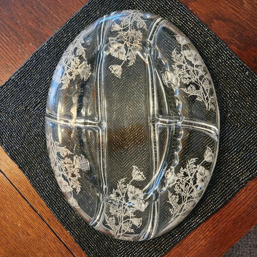 Vintage Silver City Glass Co Sterling-On-Crystal Large Divided Oval Relish Dish